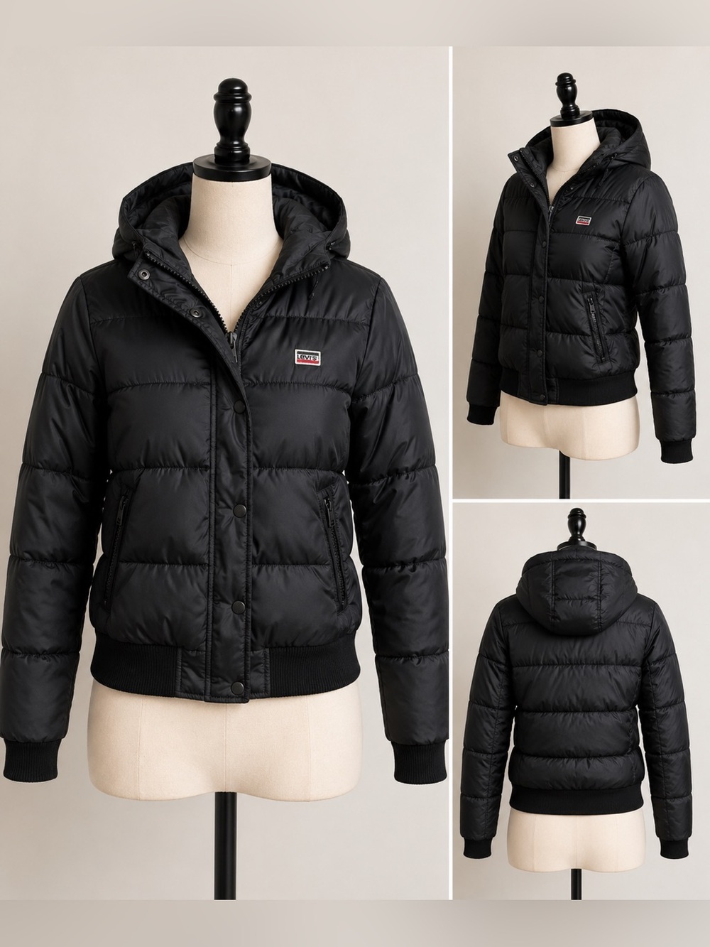 Levi’s Black Hooded Puffer Jacket Zip Snap Coat Small Winter Cozy